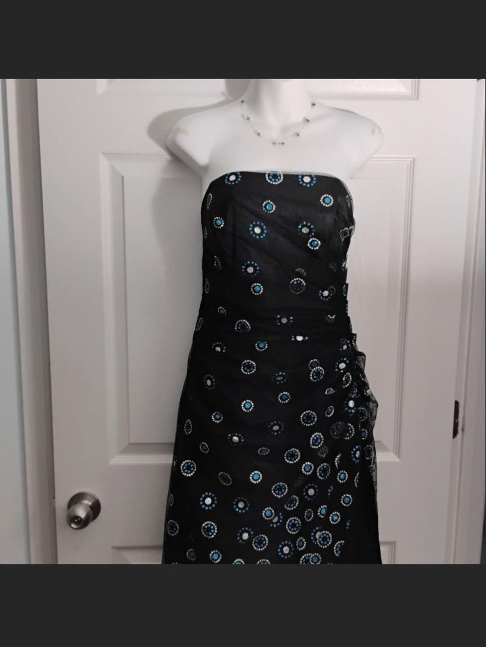 Strapless Black Evening Dress with Blue Embellishments And Cinched Side